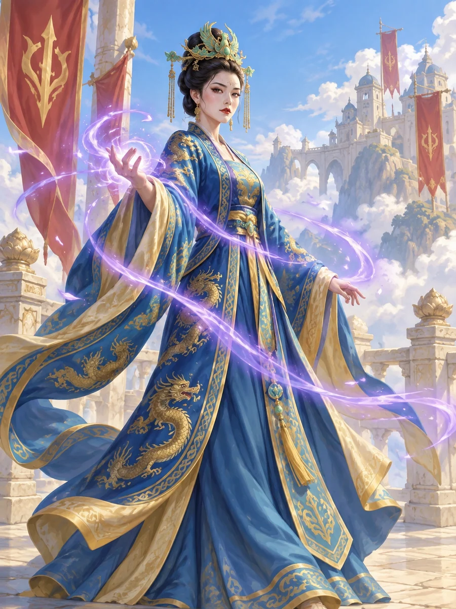 The Forgotten Empress in her jade phoenix crown and blue-and-gold robes, wielding violet magic